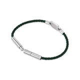 Focused view of the polished silver stainless steel magnetic lock closure mechanism on the Cerruti 1881 green leather bracelet.