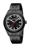 Full frontal portrait of the Esprit men's watch ES1G526M0065, showcasing its all-black stainless steel profile, black dial with silver indices, and contrasting red second hand.