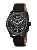 Full frontal studio portrait of the Esprit Autumn men's watch ES1G525L0025, highlighting the black ion-plated stainless steel case, the textured chronograph face with white luminescent markings, and the premium black stitched leather strap.