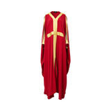 Front view of a floor-length red Maison Darine kaftan with gold metallic embroidery on the neckline, waist, and sleeves, featuring a central slit and cape-style sleeves.