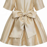 Detailed close-up view of the back of the Mamaluma gold dress, focusing on the texture of the shimmering metallic fabric and the construction of the large sash bow.