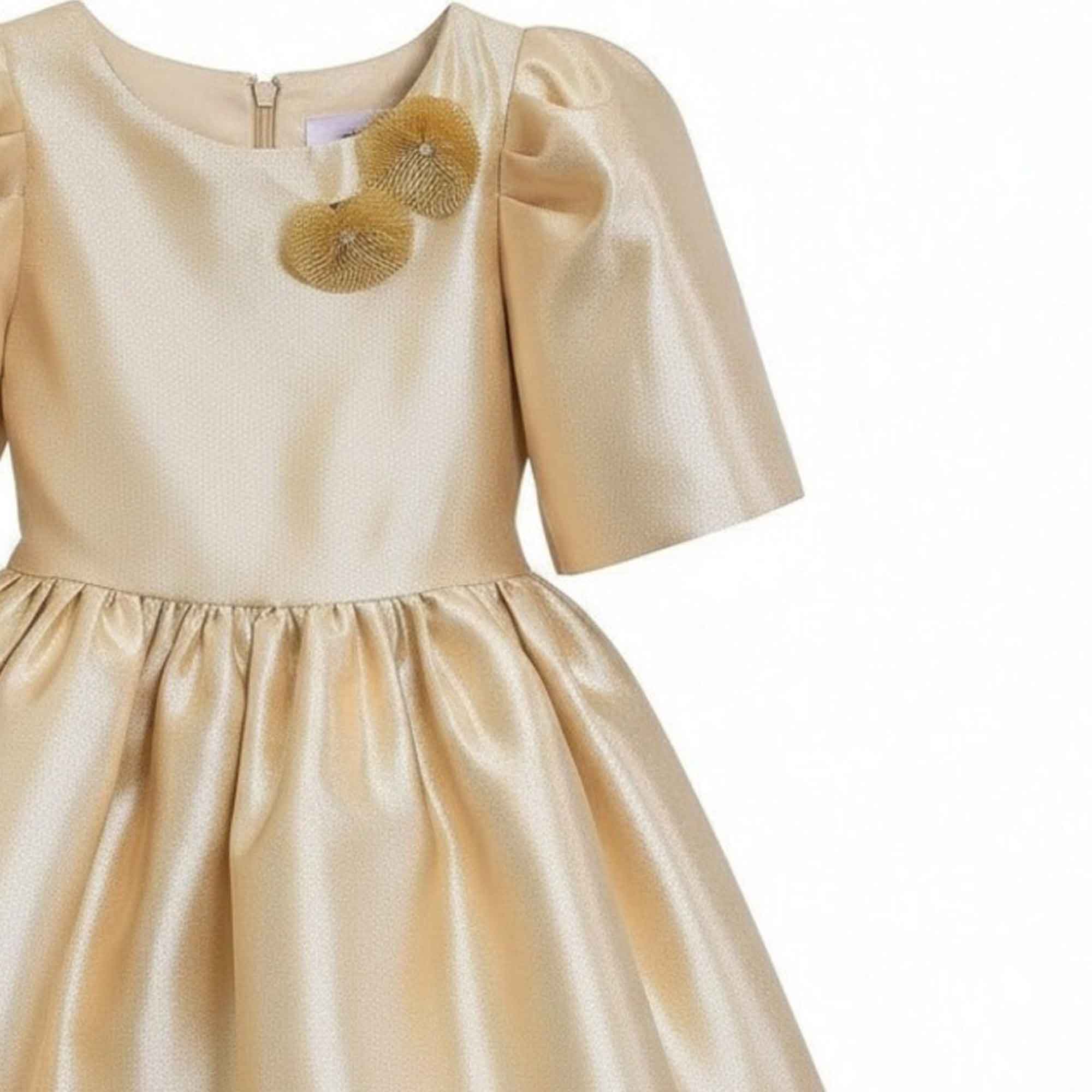 lose-up front shot highlighting the round neckline, puff sleeve pleating, and the intricate details of the dual gold mesh floral appliqués on the bodice.