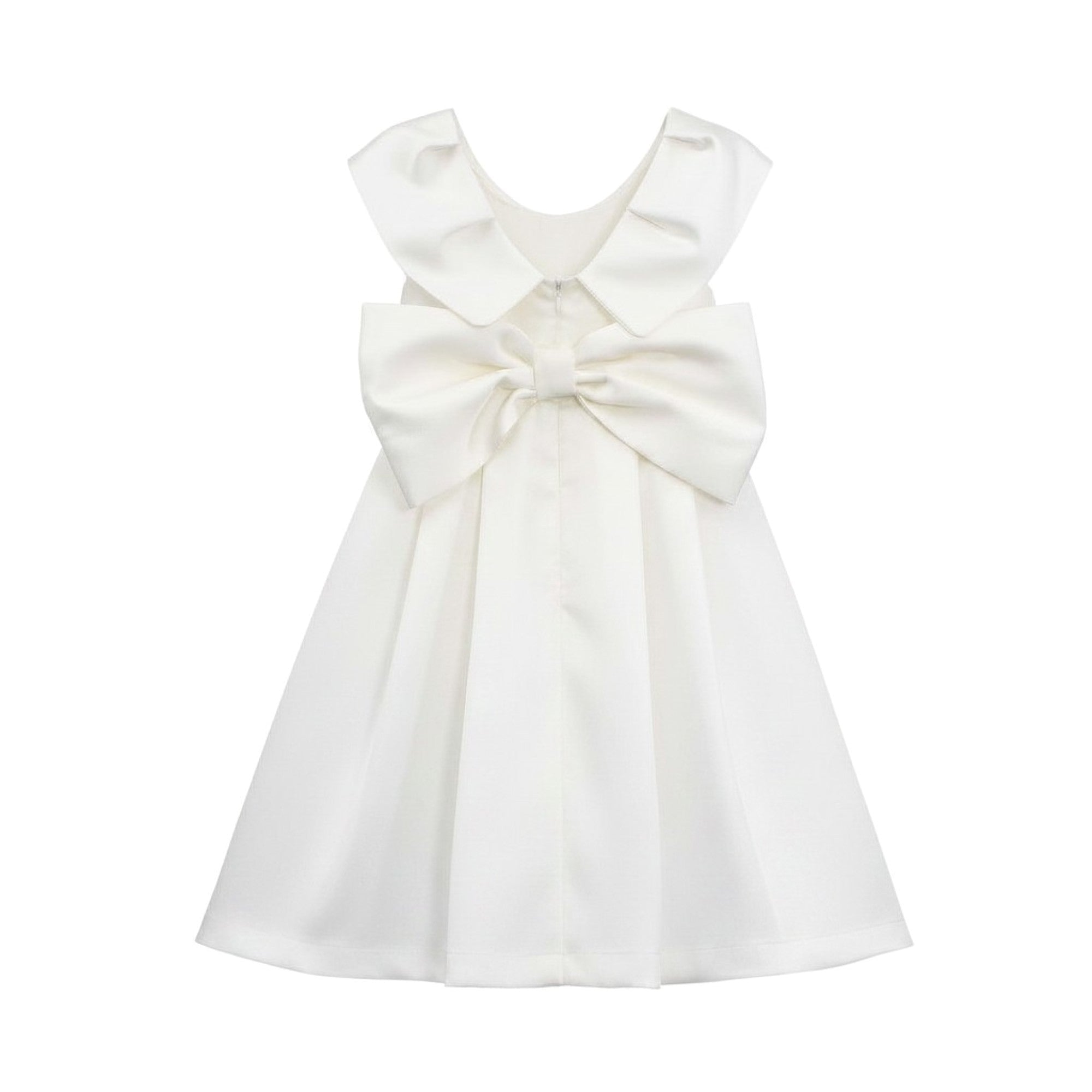 Back view of the Mamaluma girls ivory satin dress showcasing the dramatic, oversized structured bow attached at the center waistline and the deep-set sailor collar framing.