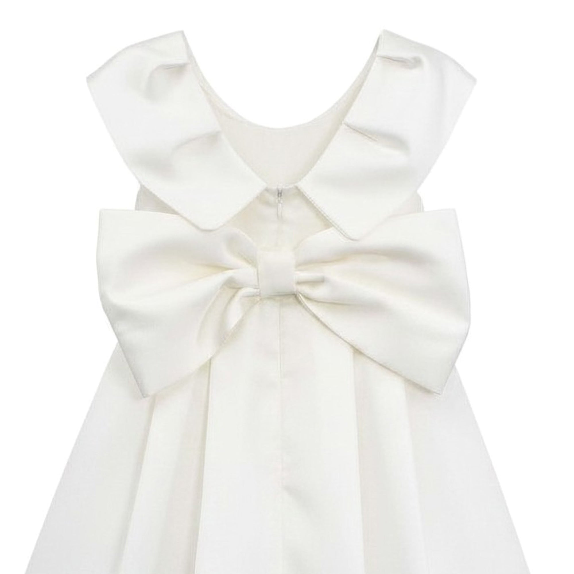Close-up back shot highlighting the premium satin texture, the clean lines of the concealed zip closure, and the impeccable construction of the signature Mamaluma statement bow.