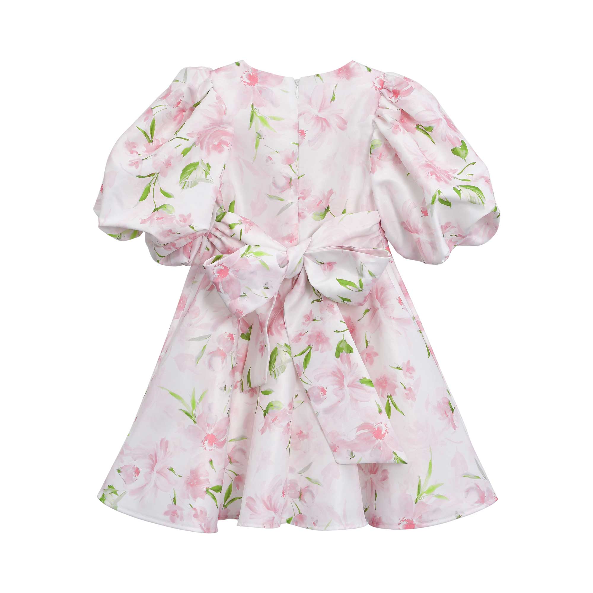 Back view of the Mamaluma girls pink floral puff sleeve dress highlighting a large, structured statement sash bow tied at the center waistline.
