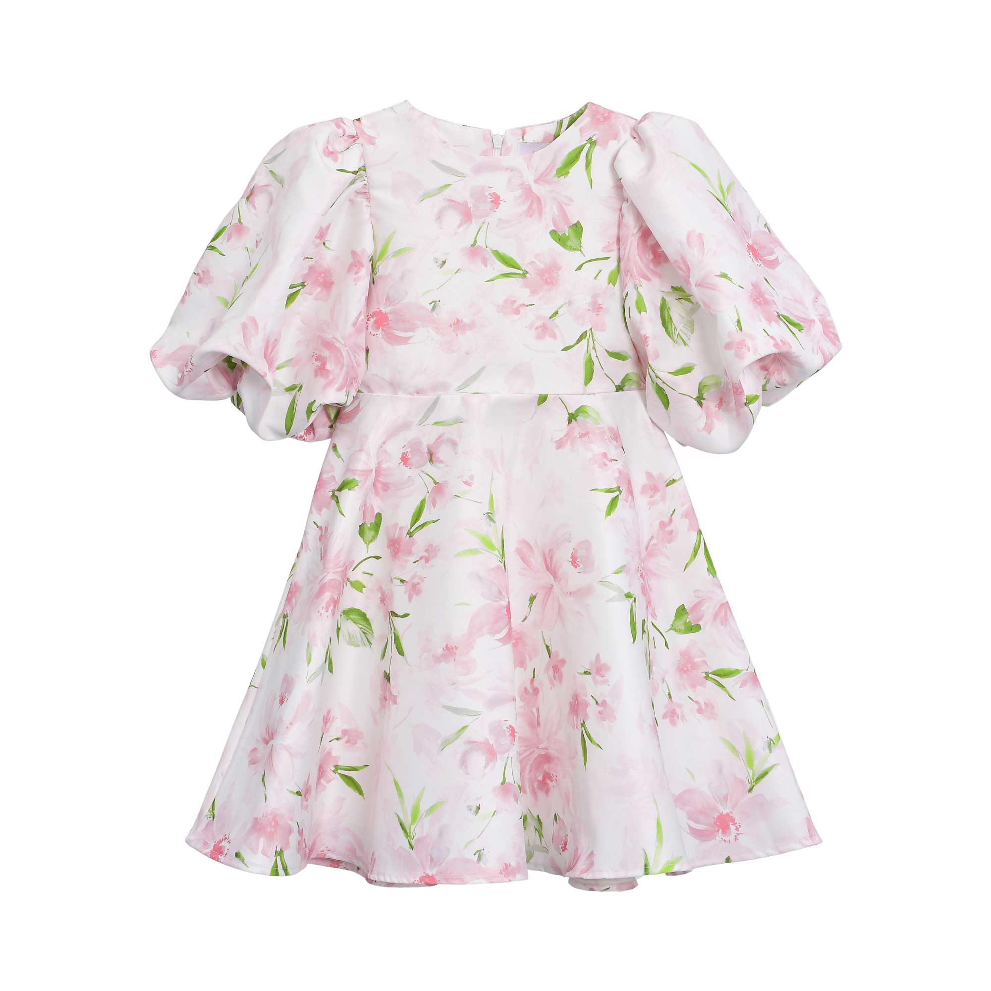 Front view of the Mamaluma girls white dress featuring a pink watercolor floral print, a round neckline, and dramatic, voluminous puff sleeves.