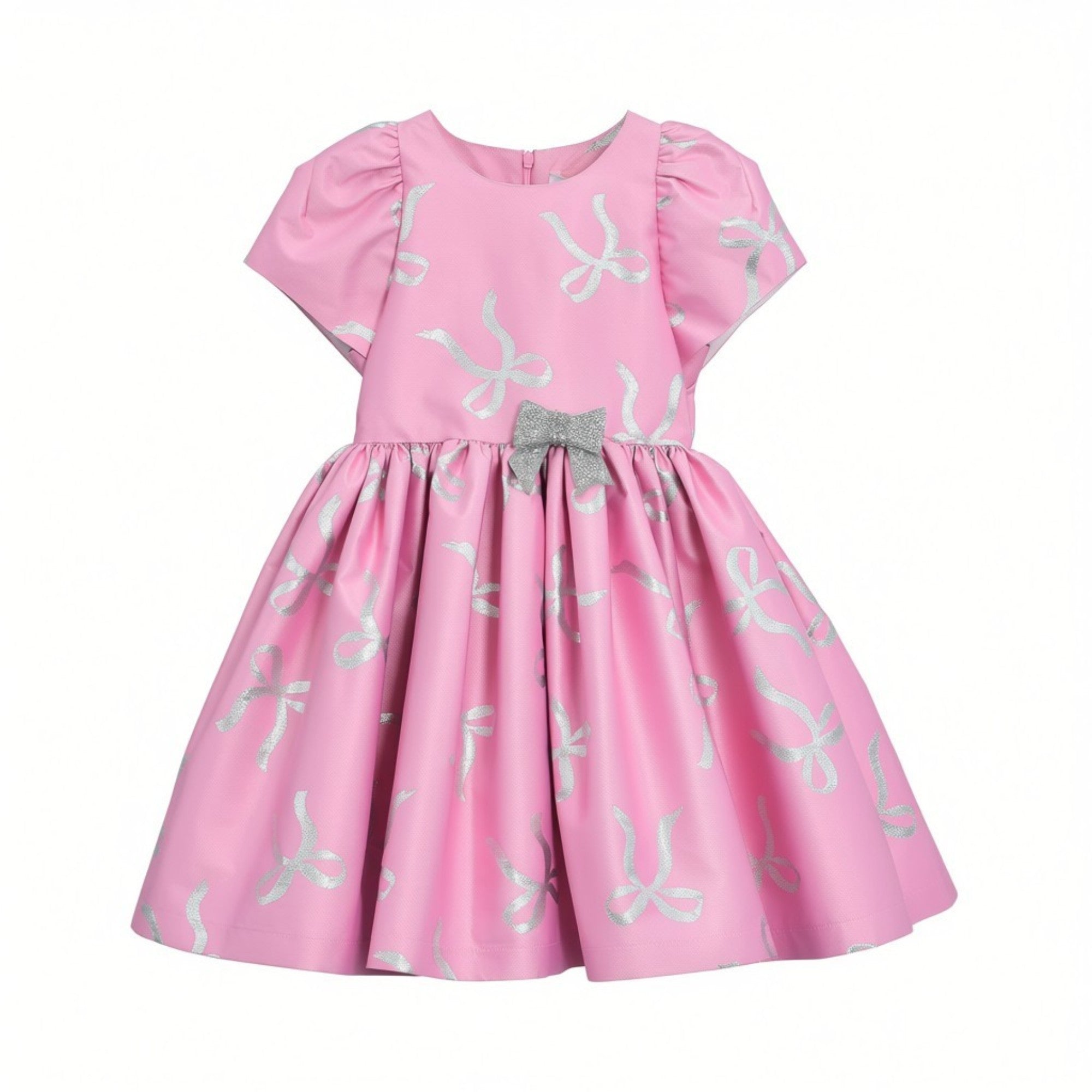 Front full-length view of the Mamaluma girls pink organza special occasion dress showcasing cap sleeves and delicate 3D floral appliqués scattered across the bodice and full skirt.