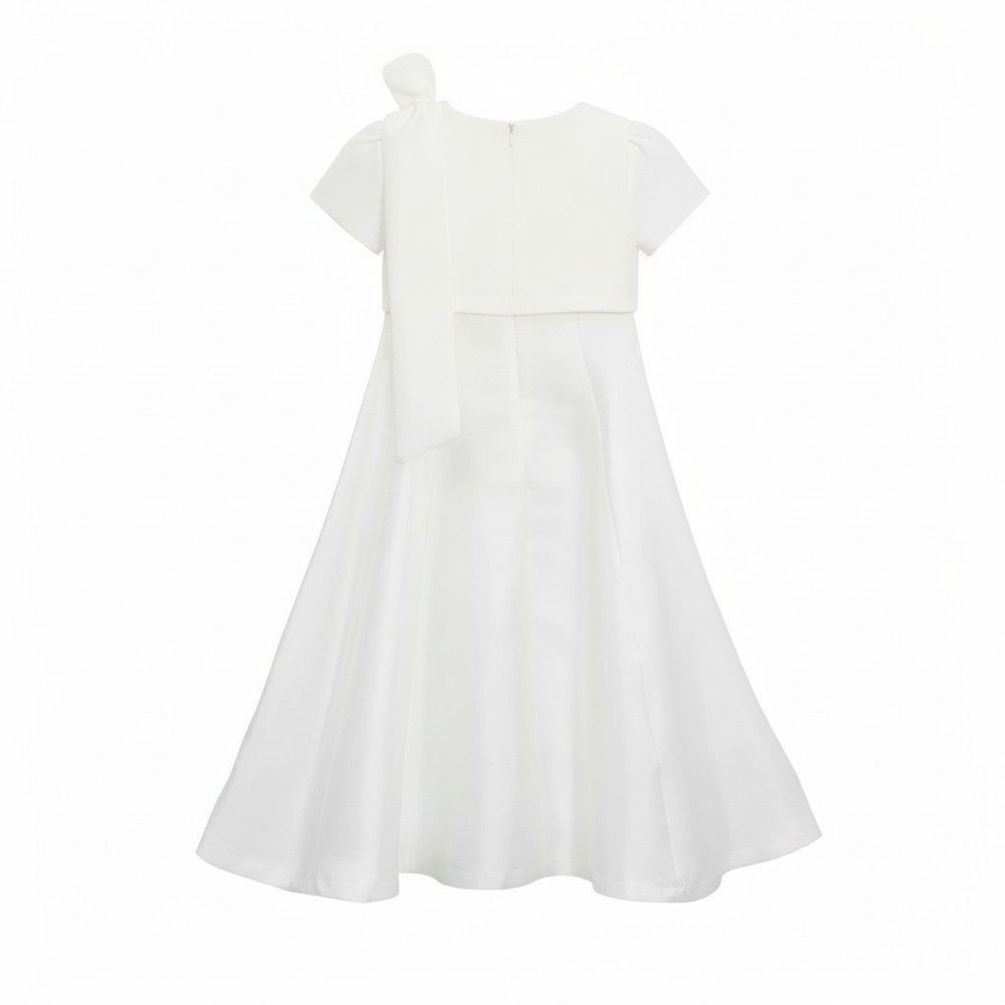 Back view of the Mamaluma girls white satin gown showcasing the clean lines, concealed zip closure, and the back profile of the trailing left shoulder sash.