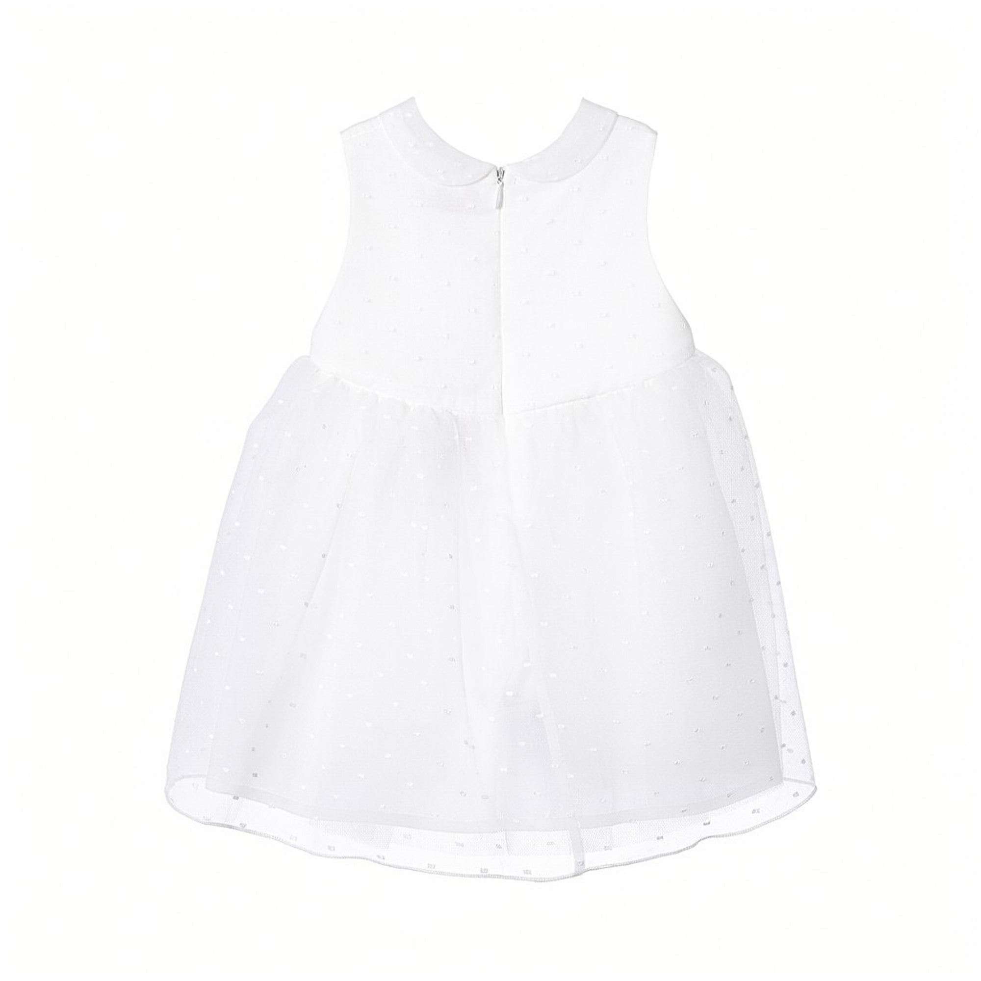 Back view of the Mamaluma girls sleeveless white Swiss dot dress highlighting the gathered tulle skirt waistline and a clean, concealed zipper closure.