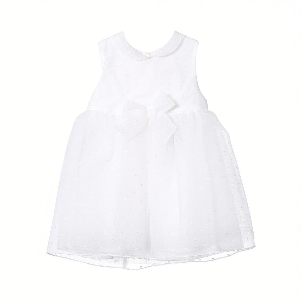 Front view of the Mamaluma girls sleeveless white special occasion dress featuring a Peter Pan collar, Swiss dot tulle overlay, and a matching bow at the waist.
