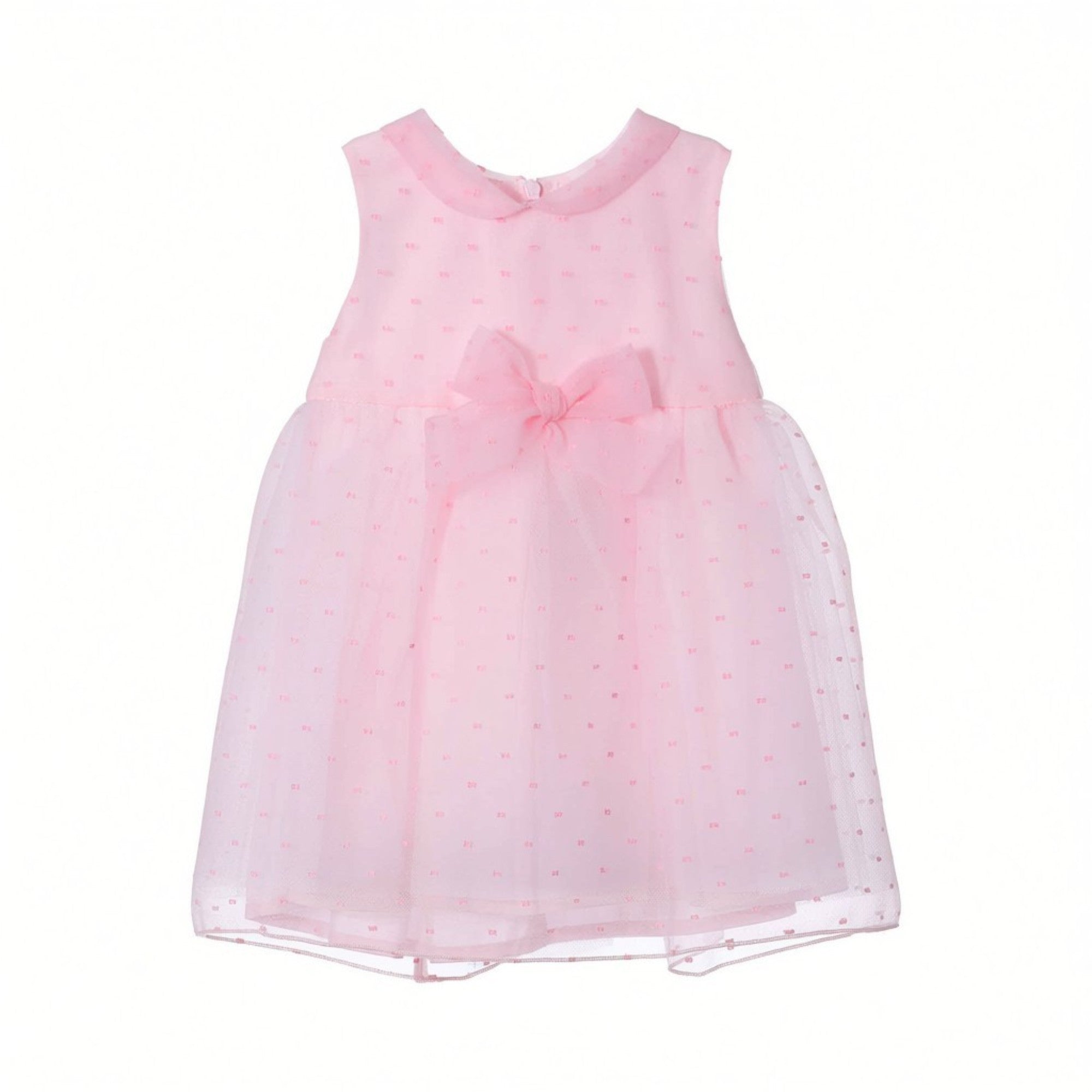 Front view of the Mamaluma girls sleeveless Pink special occasion dress featuring a Peter Pan collar, Swiss dot tulle overlay, and a matching bow at the waist.
