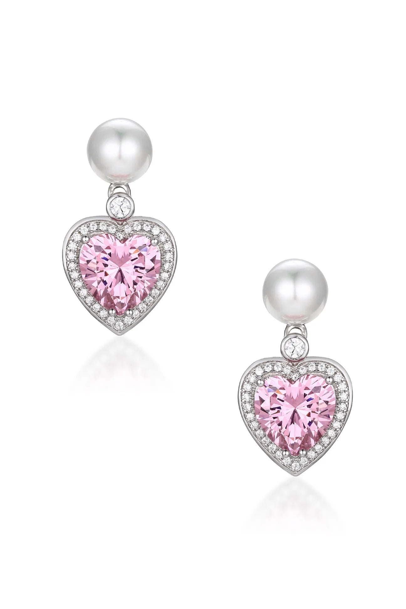 Pair of silver-toned drop earrings, each with a round white pearl stud, a small clear crystal, and a pink heart-shaped crysta