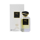 Marwa Ghassan Mood Oud Extrait De Parfum 100ml bottle with its luxury white embossed packaging box, showcasing the gold MG logo and store locations in UAE, Qatar, and KSA.