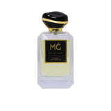 A full-length shot of the Mood Oud perfume bottle, featuring clear glass, golden-hued fragrance, and a signature black and gold designer cap.