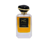 Front view of Marwa Ghassan Patchouli Extrait De Parfum 100ml bottle with amber-colored liquid, gold-rimmed black cap, and its white embossed luxury packaging box.