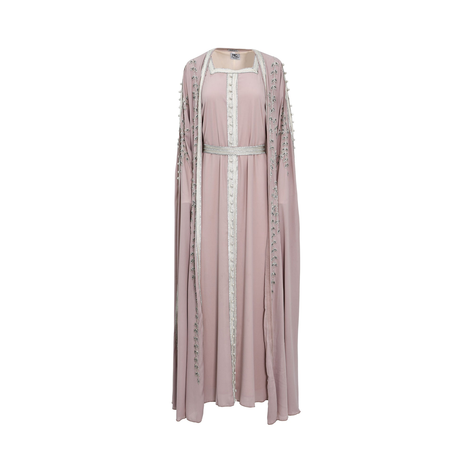 Marwa Ghassan Azura Pink Kaftan with Silver Embroidery — Shop the Latest Online