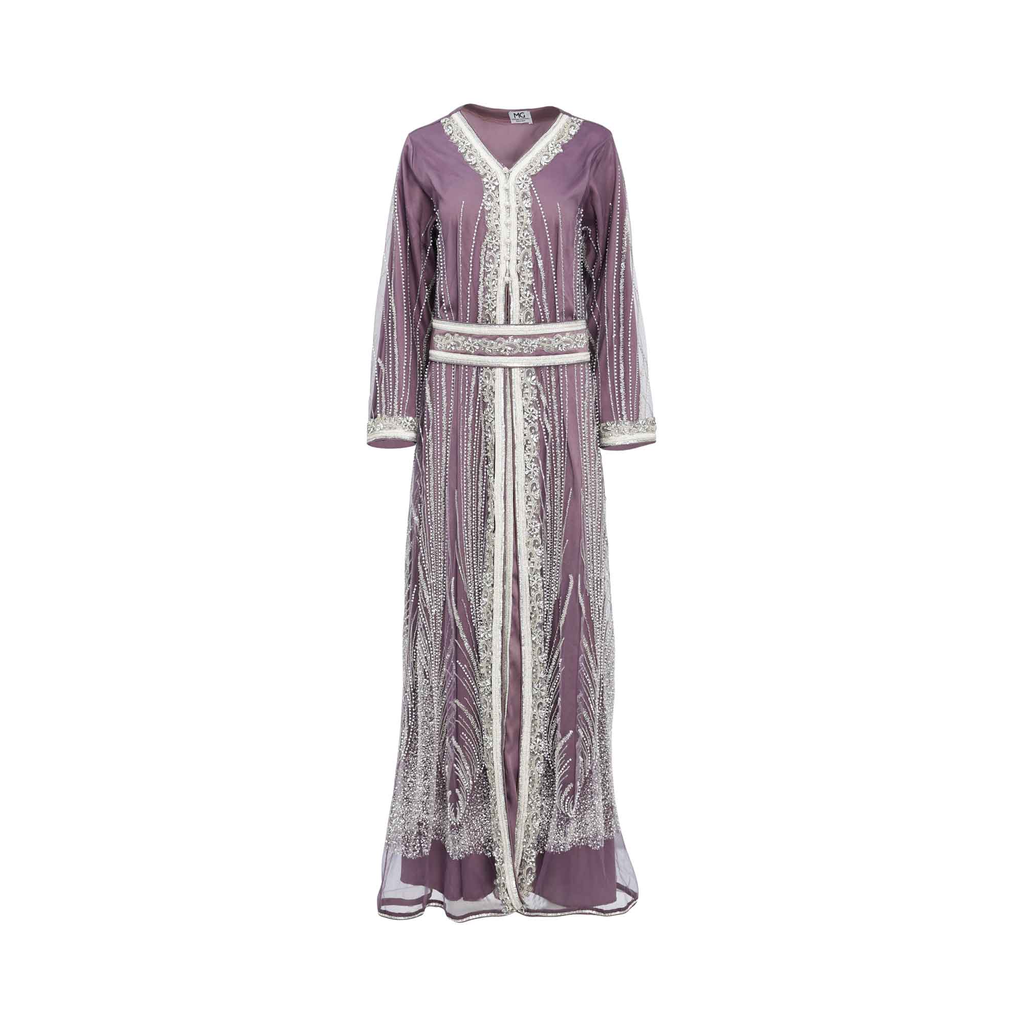 Marwa Ghassan Celestia Purple Kaftan with Silver Embroidery and Chiffon Overlay — Shop Now Online