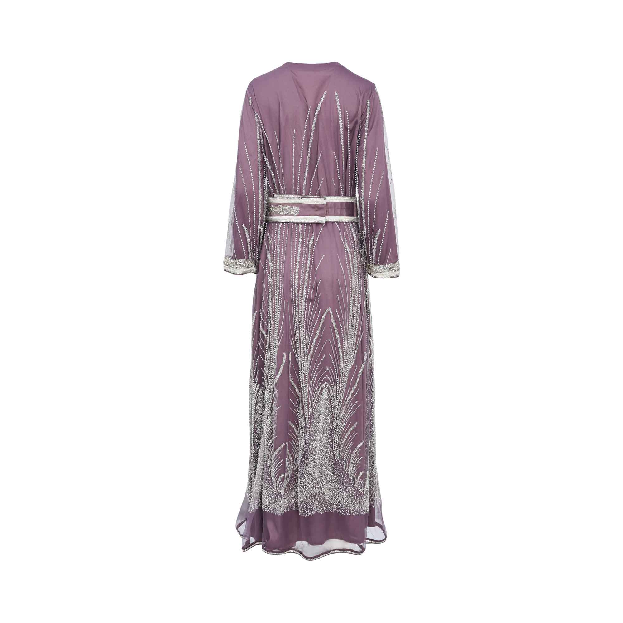 Marwa Ghassan Celestia Purple Kaftan with Silver Embroidery and Chiffon Overlay — Shop Now Online