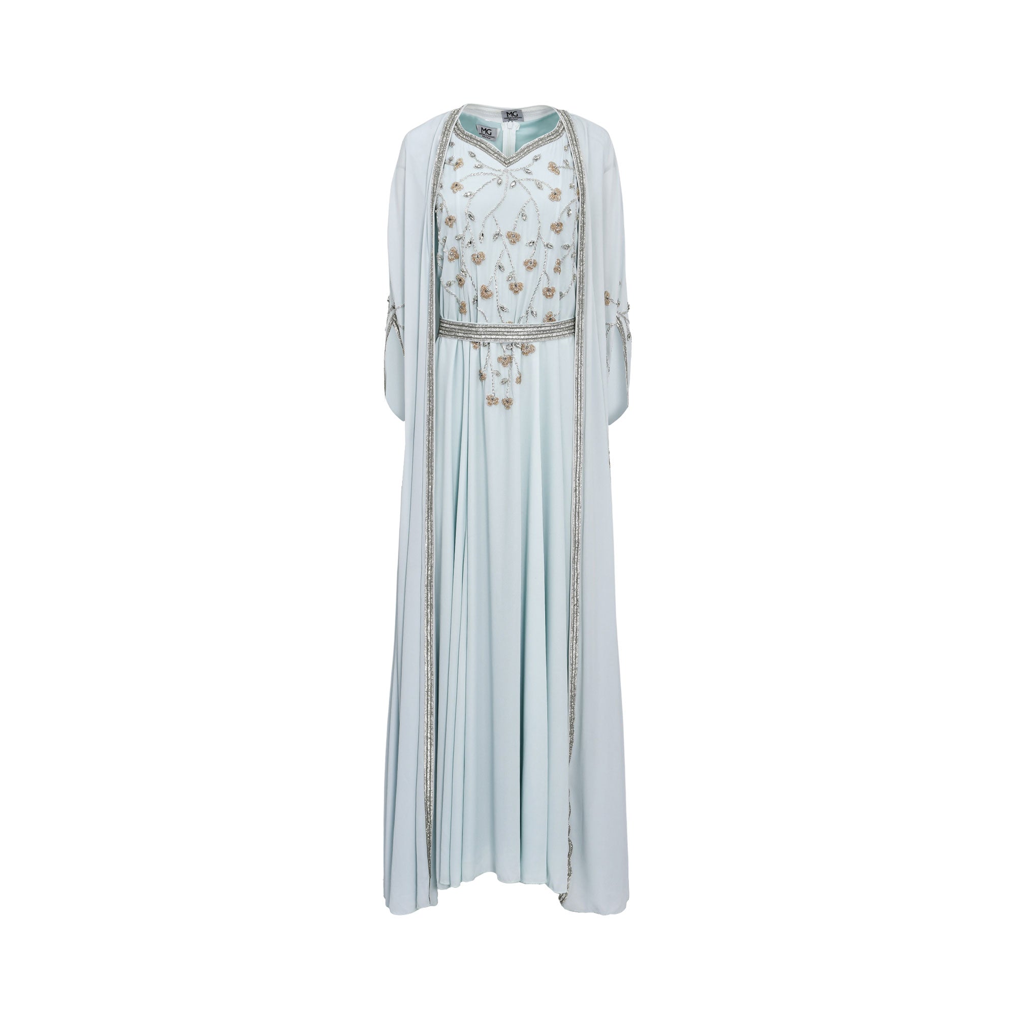 Marwa Ghassan Layali Turquoise Kaftan with Gold Embroidery and Silver Trim — Now Available Online