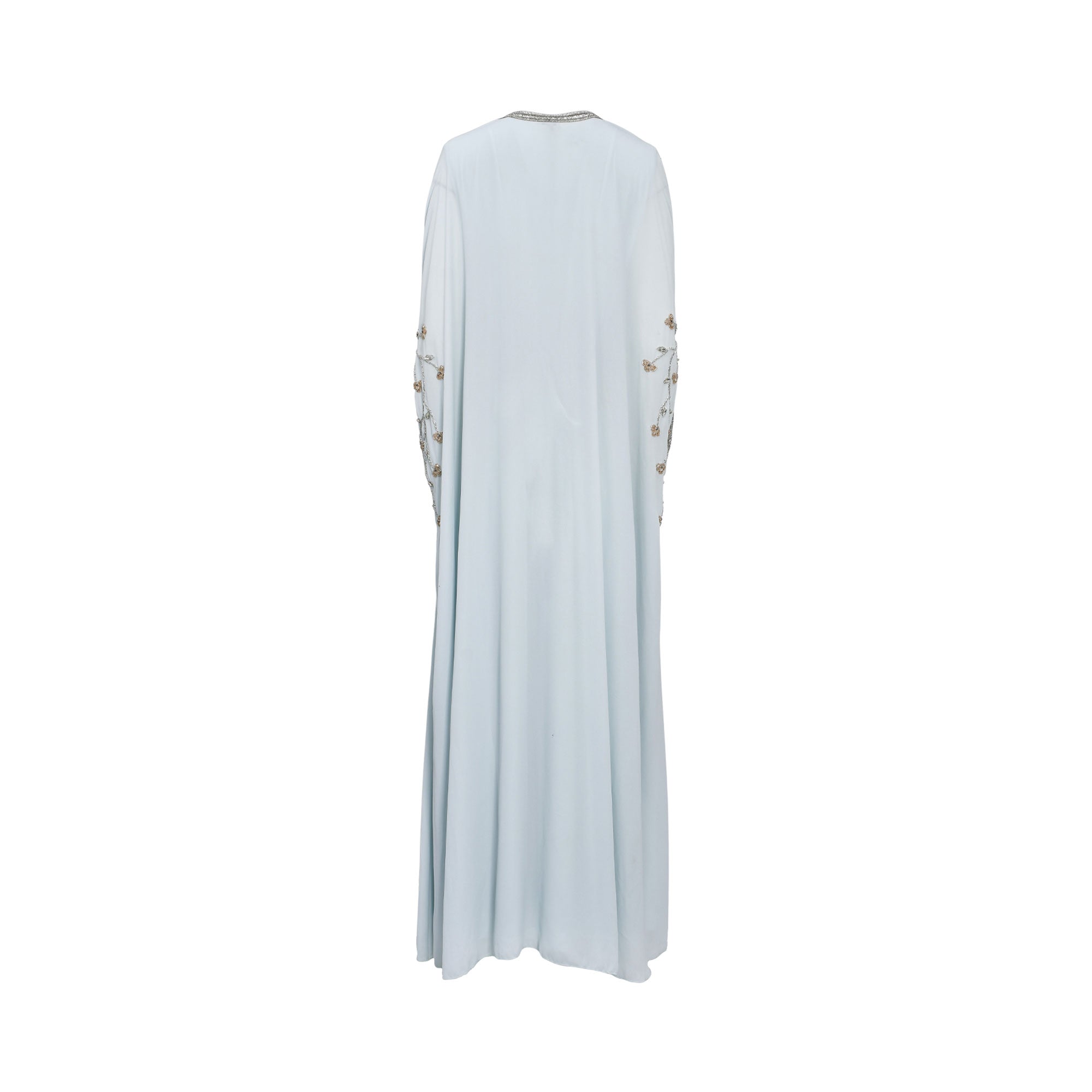 Marwa Ghassan Layali Turquoise Kaftan with Gold Embroidery and Silver Trim — Now Available Online