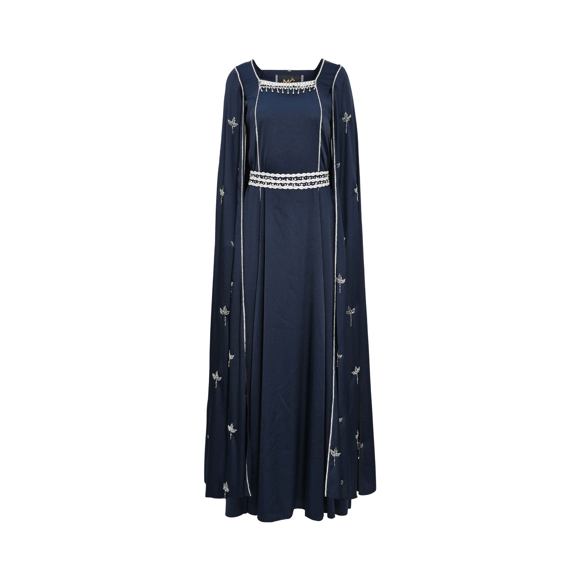 Marwa Ghassan Navy Blue Kaftan with Silver Embroidery and Cape Design — Find Online Today