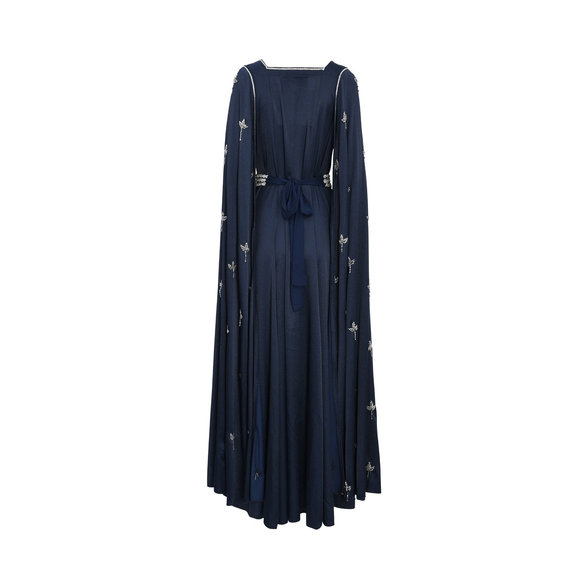 Marwa Ghassan Navy Blue Kaftan with Silver Embroidery and Cape Design — Find Online Today