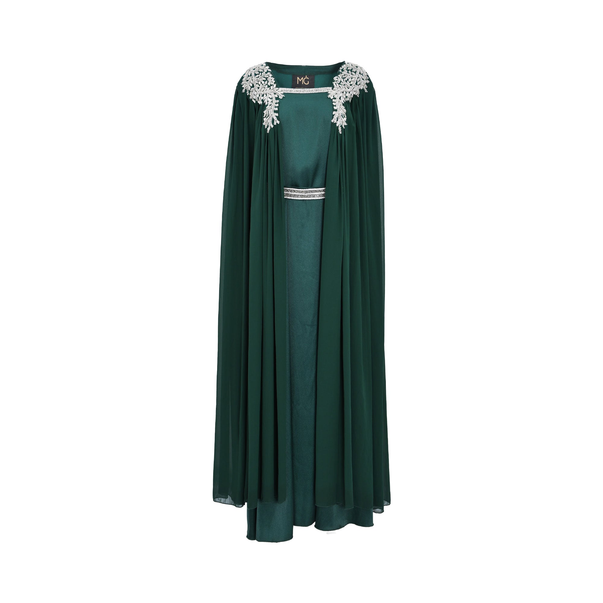 Marwa Ghassan Nura Green Kaftan with Silver Embellished Shoulders — Available for Online Purchase