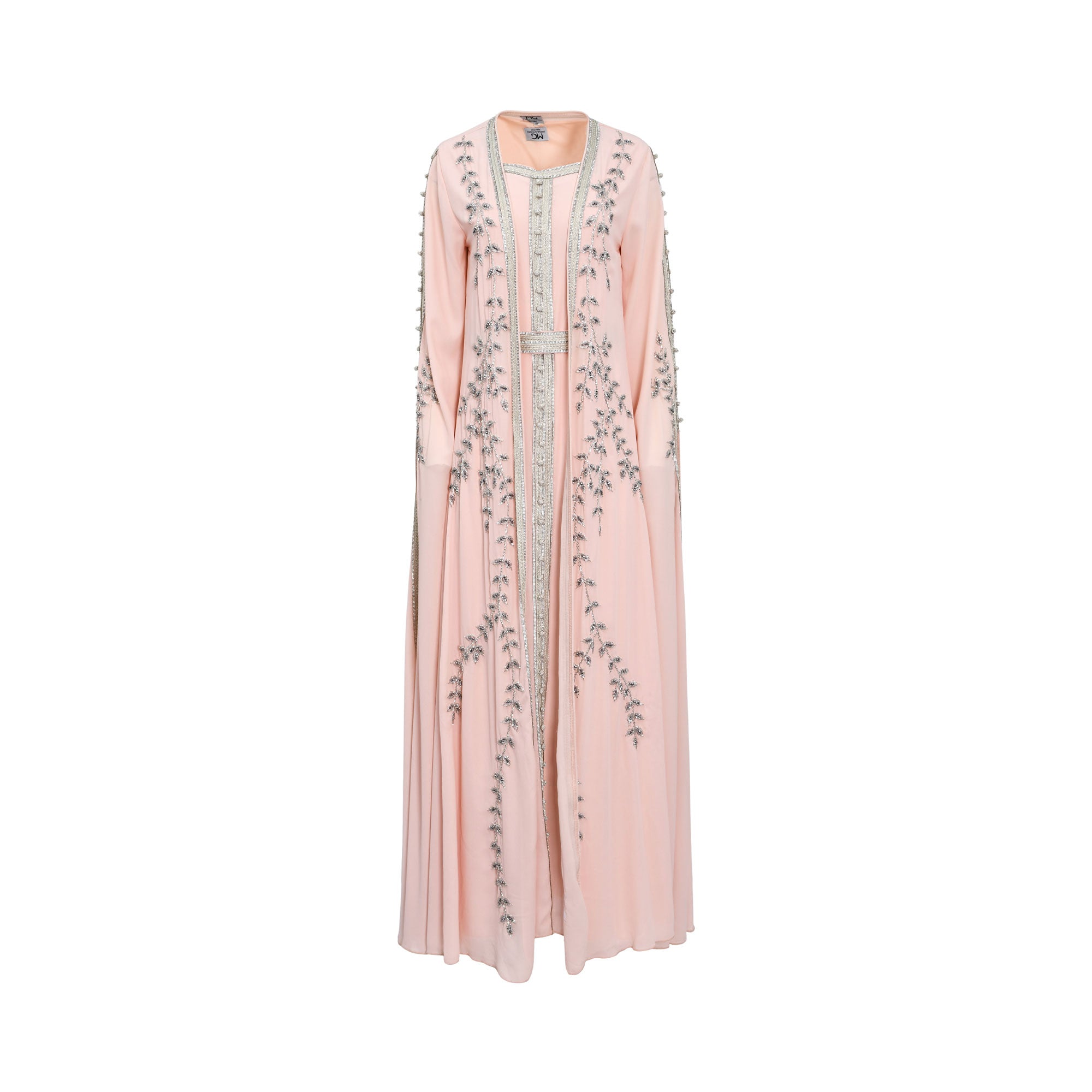 Marwa Ghassan Pink Embroidered Kaftan with Silver Detailing — Now Online