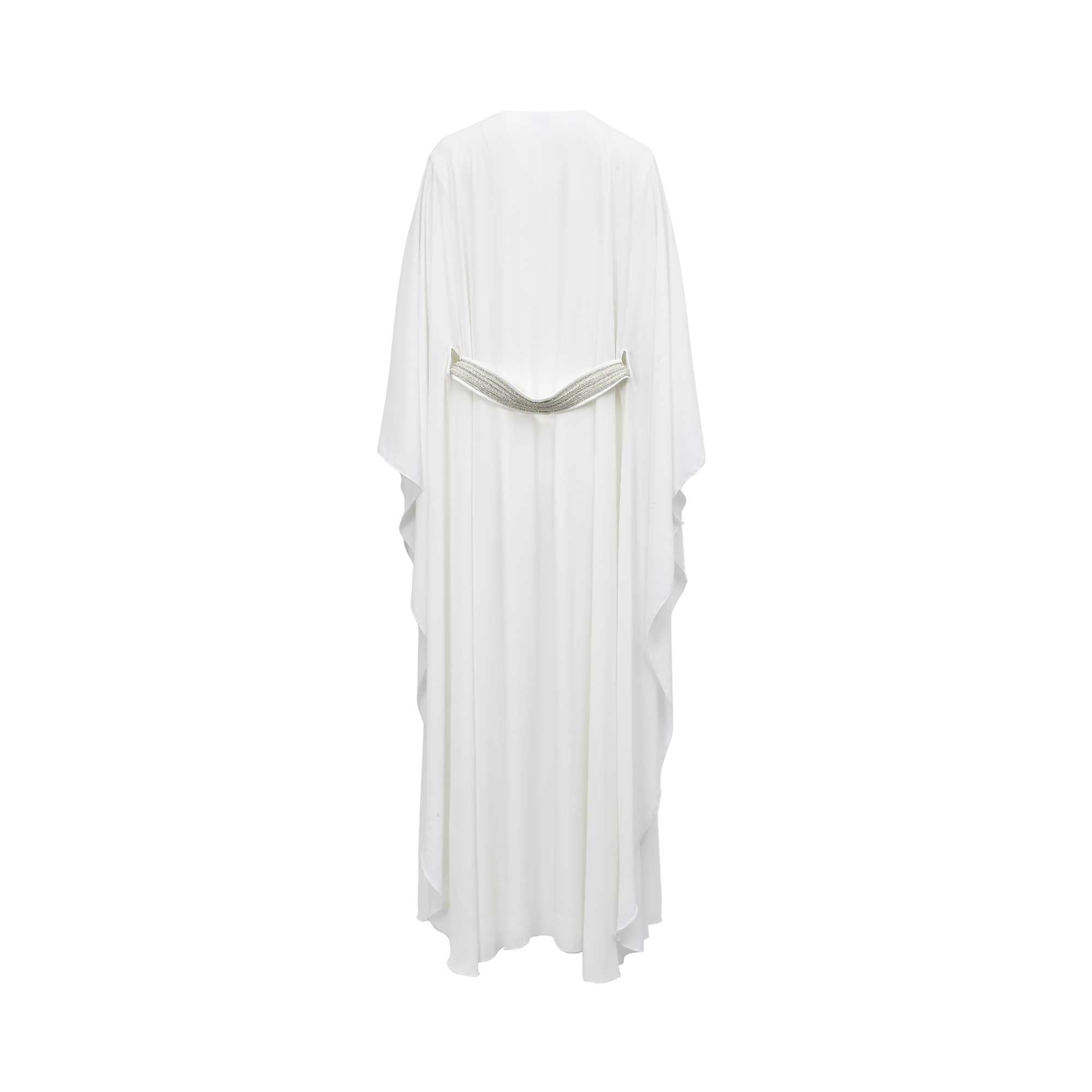 Full-length back view of the Marwa Ghassan White Chiffon Kaftan on a mannequin, showing the fluid drape of the fabric and the detachable silver embellished belt cinching the back, against a white background.