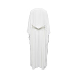 Full-length back view of the Marwa Ghassan White Chiffon Kaftan on a mannequin, showing the fluid drape of the fabric and the detachable silver embellished belt cinching the back, against a white background.