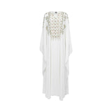 Full-length front view of the Marwa Ghassan White Chiffon Kaftan on a mannequin, showcasing the ornate multi-color hand-embroidery on the chest and drape-sleeve silhouette against a white background.