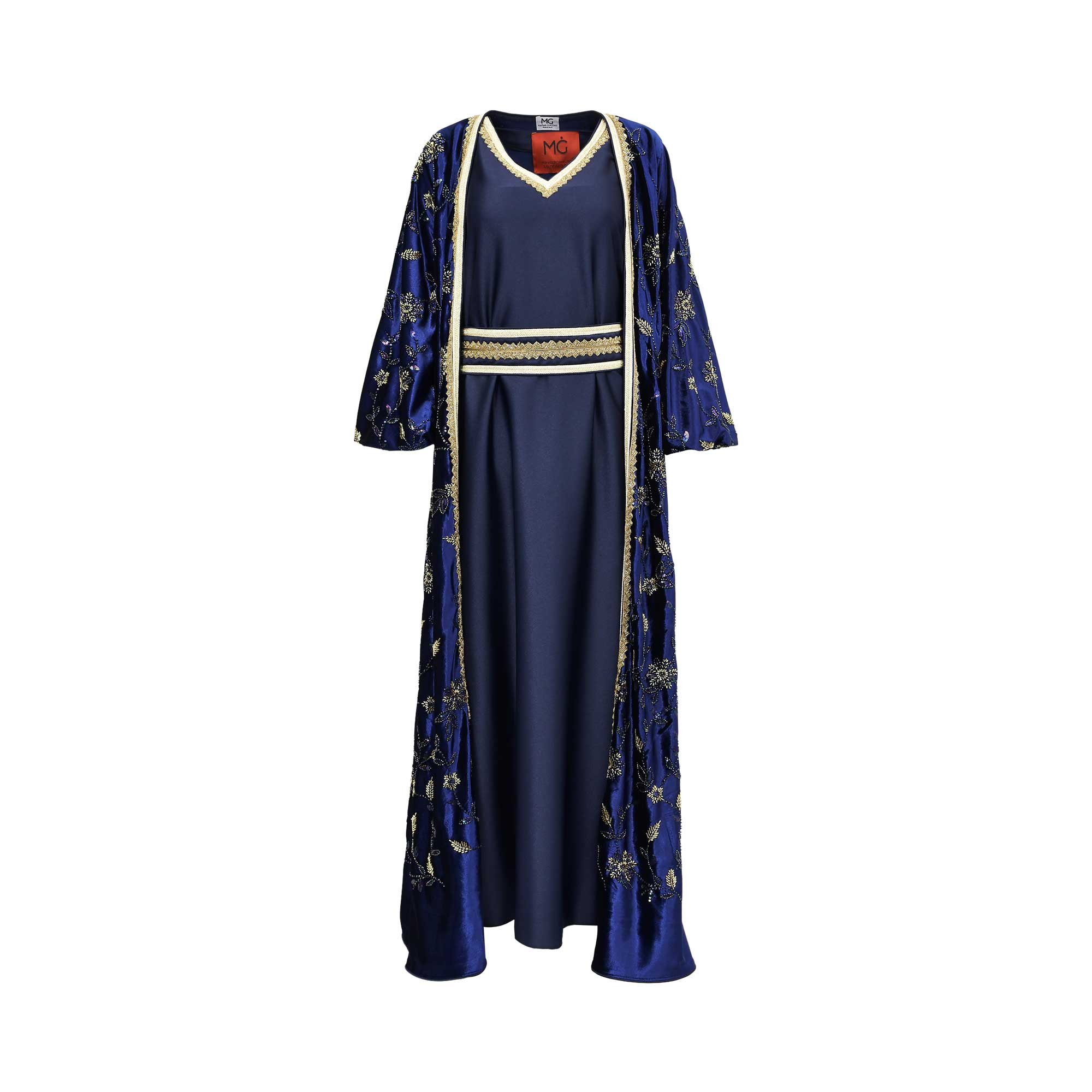 Front view of a Marwa Ghassan navy blue velvet KAFTAN set featuring gold floral embroidery, a matching sleeveless inner dress, and an embellished belt.