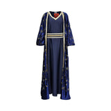 Front view of a Marwa Ghassan navy blue velvet KAFTAN set featuring gold floral embroidery, a matching sleeveless inner dress, and an embellished belt.