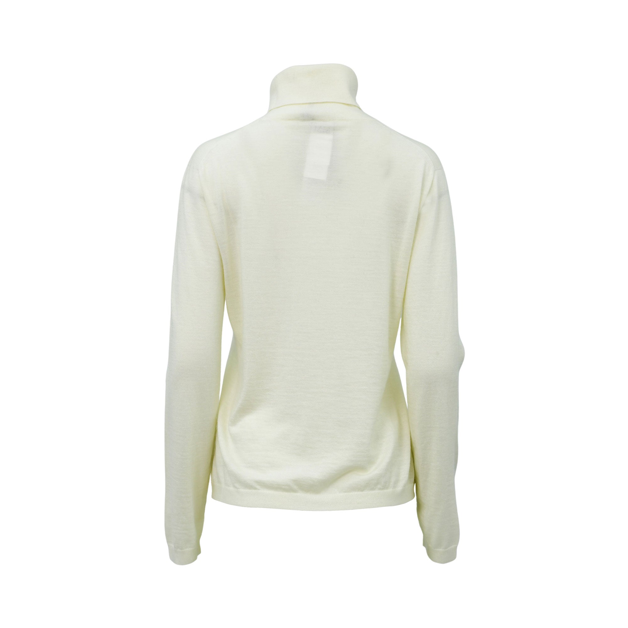 A back view Max Mara cream-colored long-sleeve turtleneck sweater made of fine-gauge virgin wool, displayed on a white background.