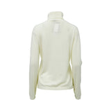 A back view Max Mara cream-colored long-sleeve turtleneck sweater made of fine-gauge virgin wool, displayed on a white background.