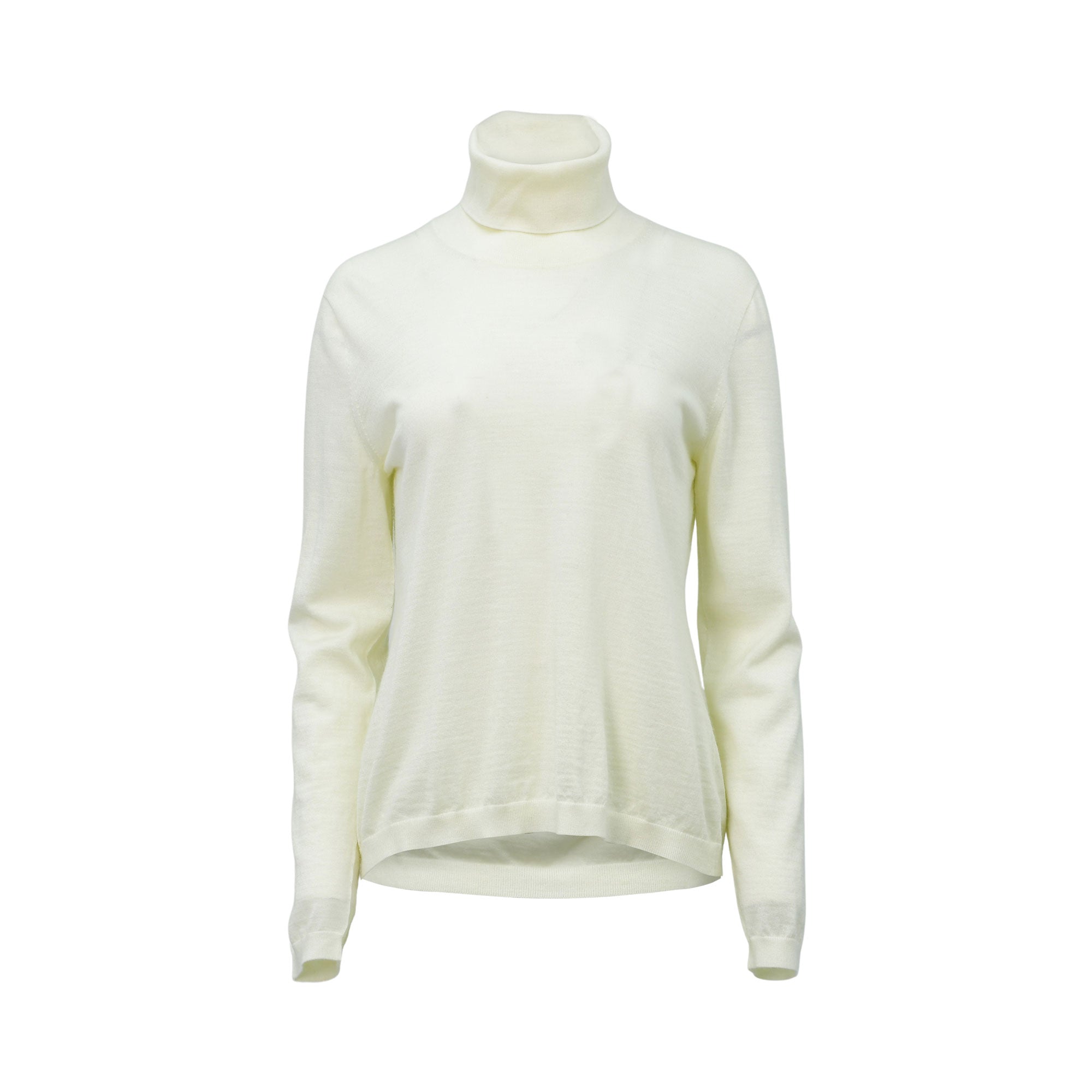 A front view Max Mara ivory-colored long-sleeve turtleneck sweater made of fine-gauge virgin wool, displayed on a white background.