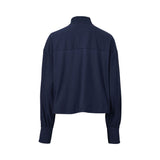 Max Mara long-sleeve blouse with a ribbed collar, concealed buttons, and dramatic, pleated voluminous sleeves.