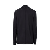 A back View Max-Mara black double-breasted Max Mara blazer with four tortoiseshell buttons and flap pockets.