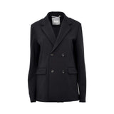 A front View Max-Mara black double-breasted Max Mara blazer with four tortoiseshell buttons and flap pockets.