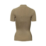 Max Mara short-sleeve mock neck top in a shimmering gold-tone ribbed knit, shown against a white background.