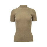 Max Mara short-sleeve mock neck top in a shimmering gold-tone ribbed knit, shown against a white background.