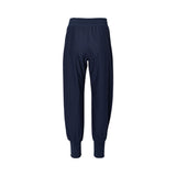 Max Mara navy blue drawstring joggers with tapered legs and long ribbed ankle cuffs against a white background.
