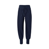 Max Mara navy blue drawstring joggers with tapered legs and long ribbed ankle cuffs against a white background.