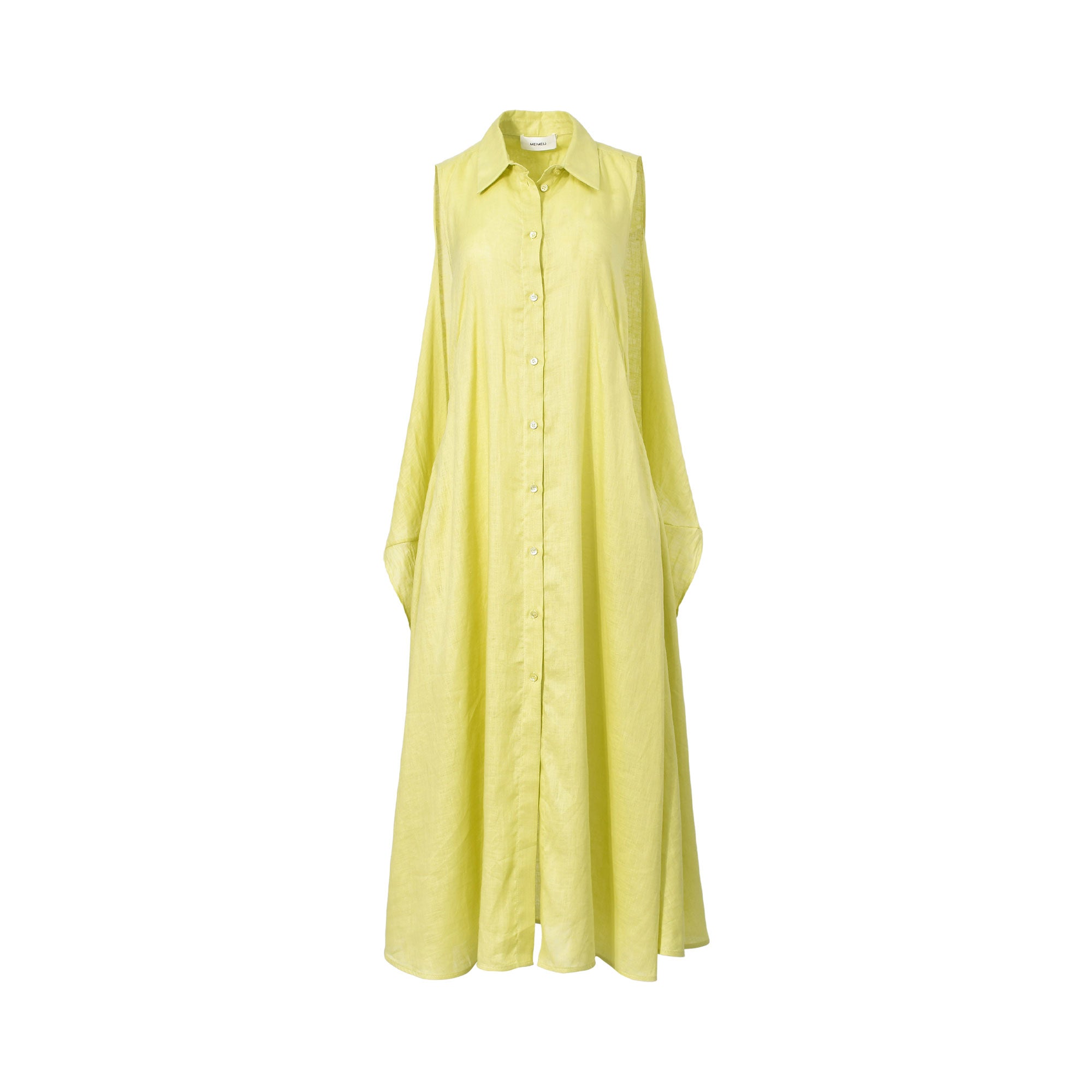 Front view of the Meimeij sleeveless pastel yellow shirtdress styled with integrated fabric wings tied into a structured bow at the waist against a clean white background.