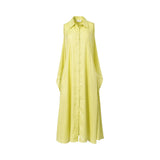 Front view of the Meimeij sleeveless pastel yellow shirtdress styled with integrated fabric wings tied into a structured bow at the waist against a clean white background.