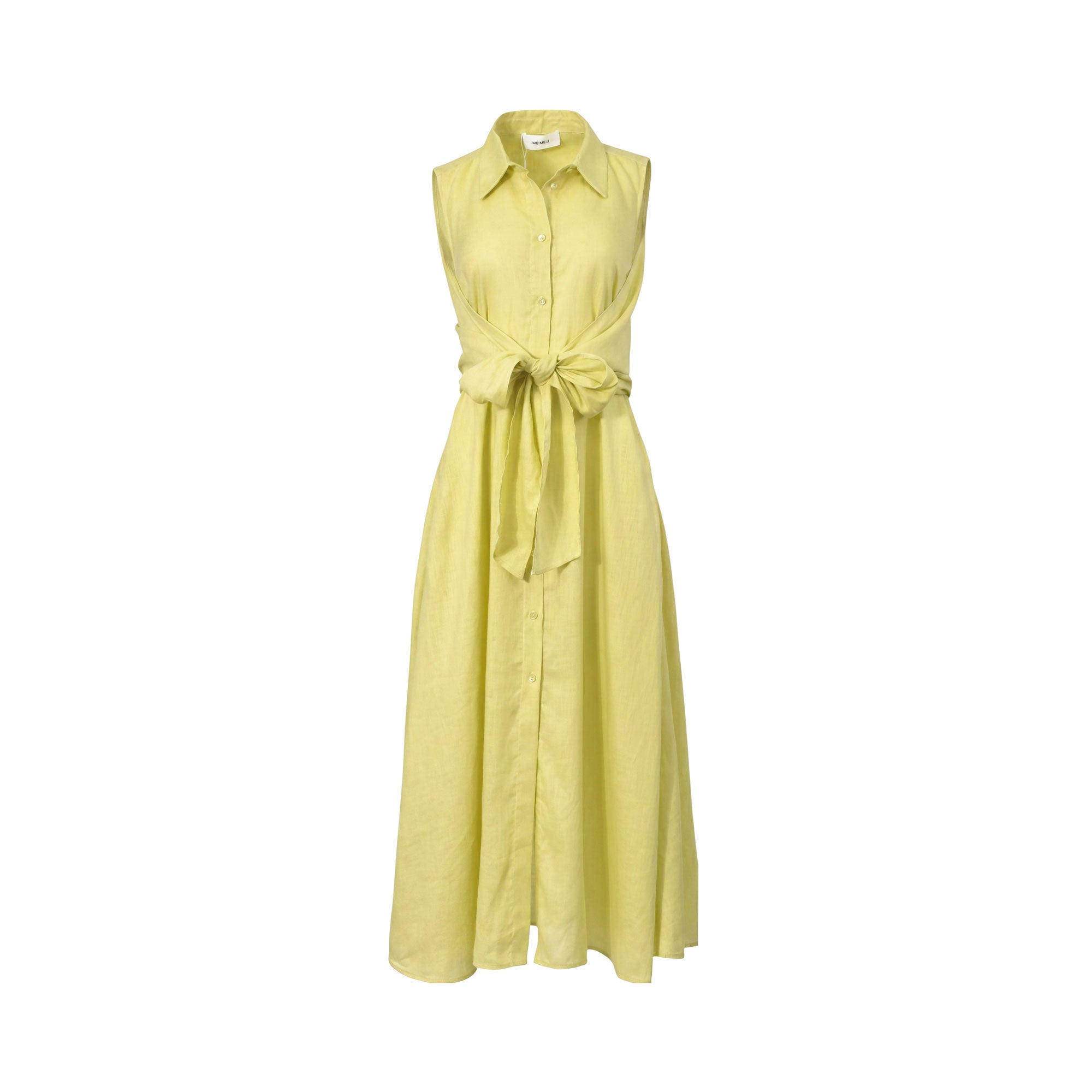 Front view of the Meimeij sleeveless pastel yellow shirtdress styled in a relaxed, flowing oversized silhouette with a full button-down front and pointed collar against a white background.