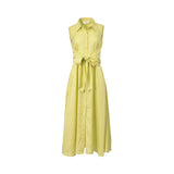 Front view of the Meimeij sleeveless pastel yellow shirtdress styled in a relaxed, flowing oversized silhouette with a full button-down front and pointed collar against a white background.
