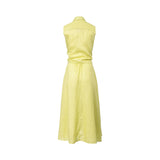 Rear view of the Meimeij sleeveless pastel yellow dress showing the clean upper yoke construction, a smooth gathered waist, and a fluid, A-line skirt drape against a white background.