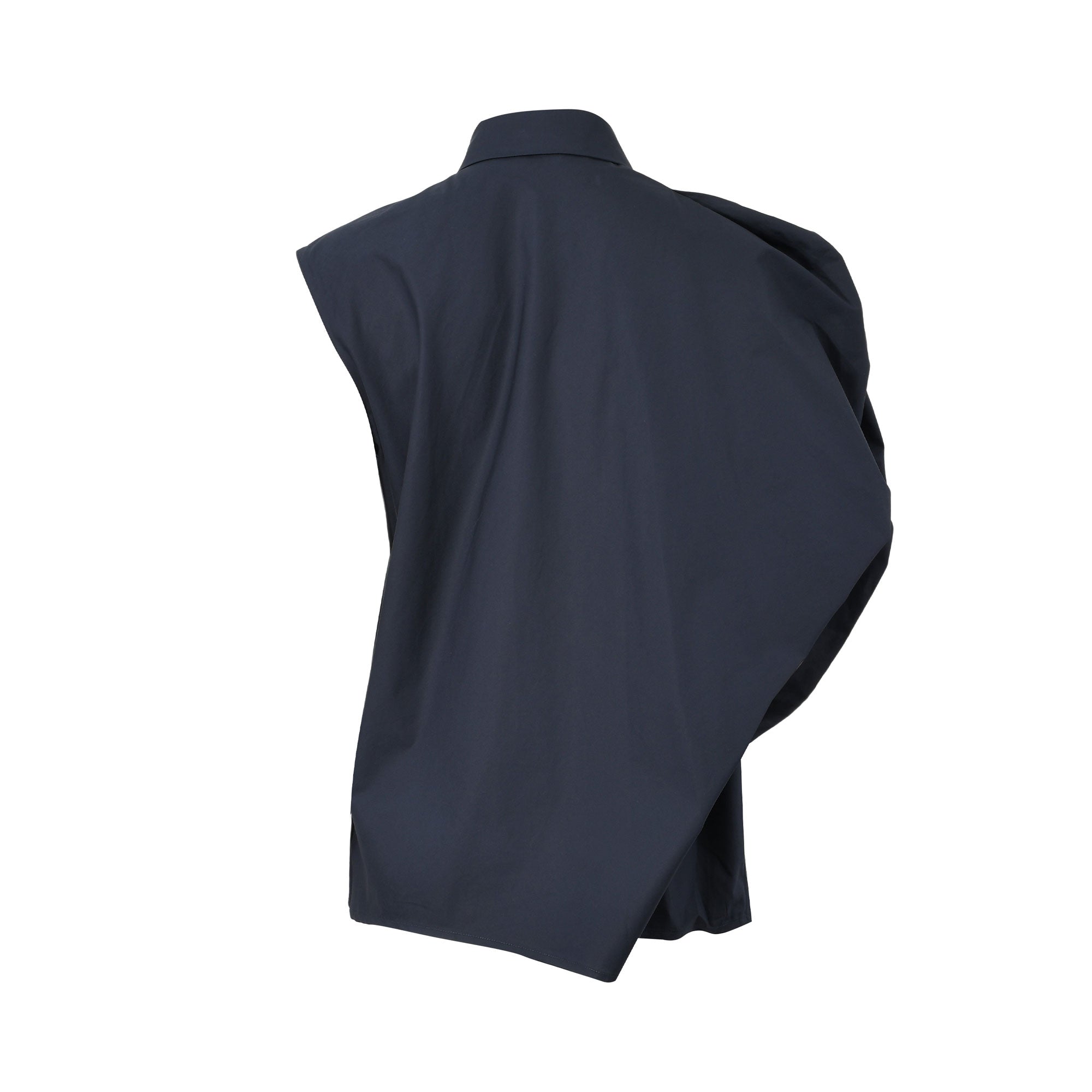 Back studio shot of the navy blue Meimeij asymmetric blouse, showcasing the structural high-low stepped hem and the dramatic drape of the oversized sleeve.