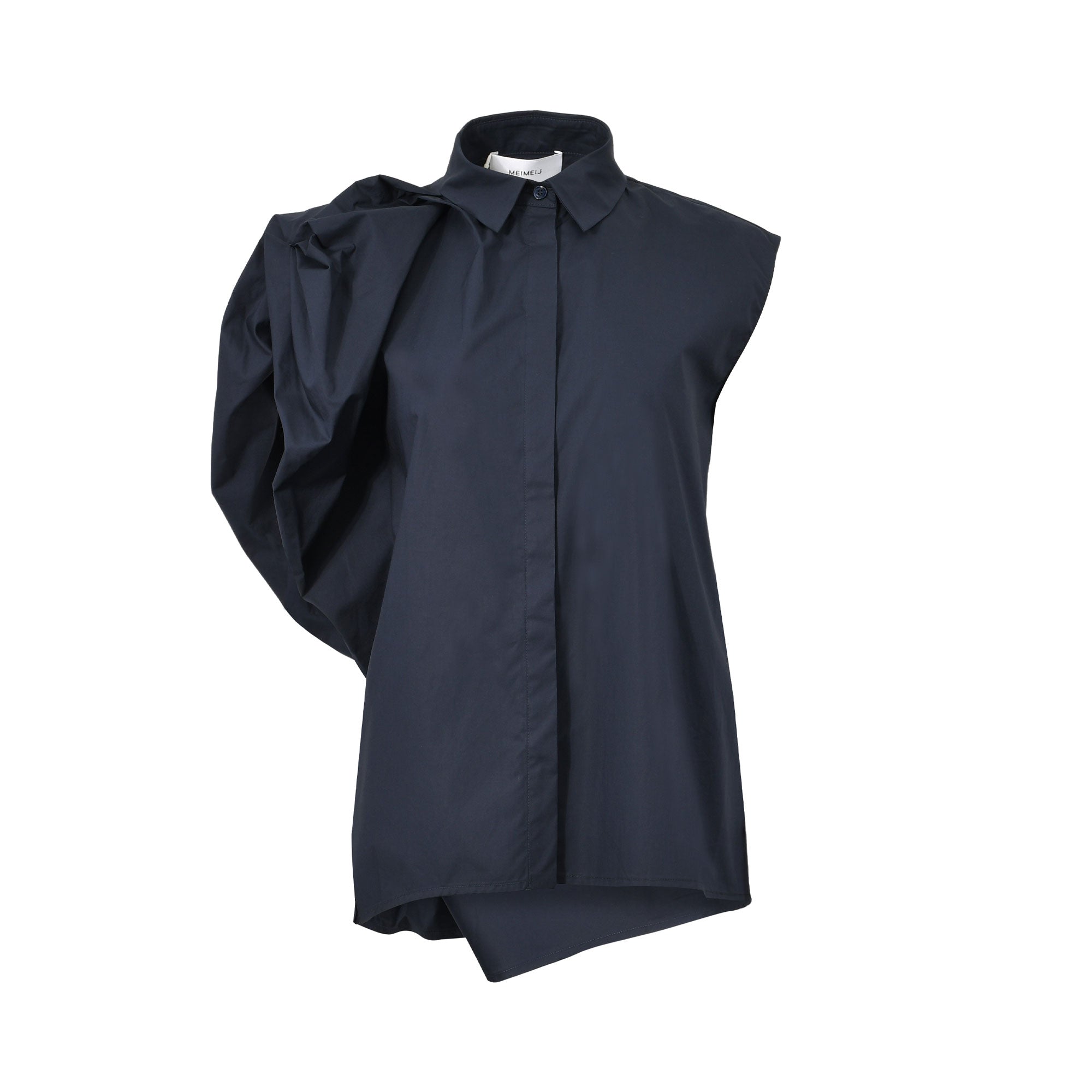 Front studio shot of a navy blue Meimeij blouse featuring a sharp collar, hidden button placket, and a dramatic, voluminous gathered puff sleeve on one side.